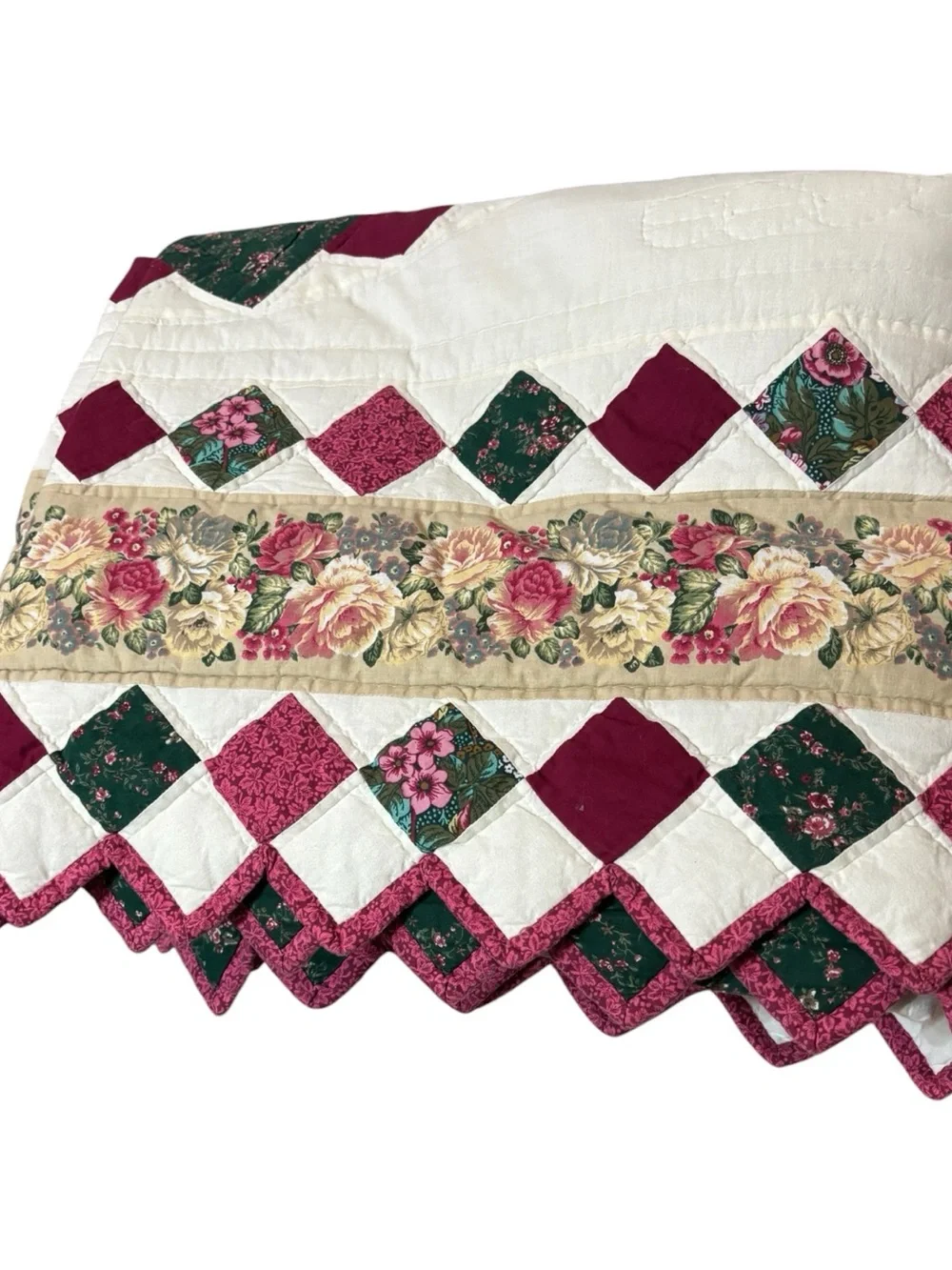Vint Floral Patchwork Quilt Twin Center Medallion Sawtooth Trim Burgundy Green